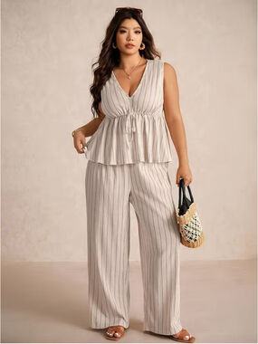Osadia Plus Size 3X Beige Textured Two Piece Set Sleeveless Top Wide Leg Pants B